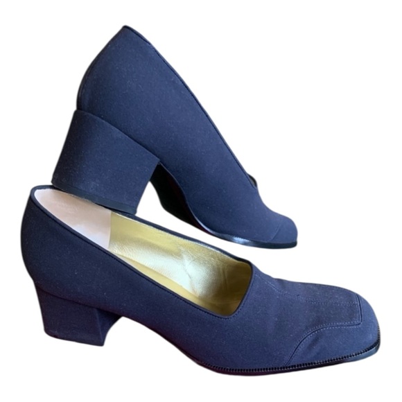 Vintage 90s BRUNO MAGLI Navy Square Toe Chunky Block Heels & Shoe Dust Bag - 7 B - Picture 7 of 16